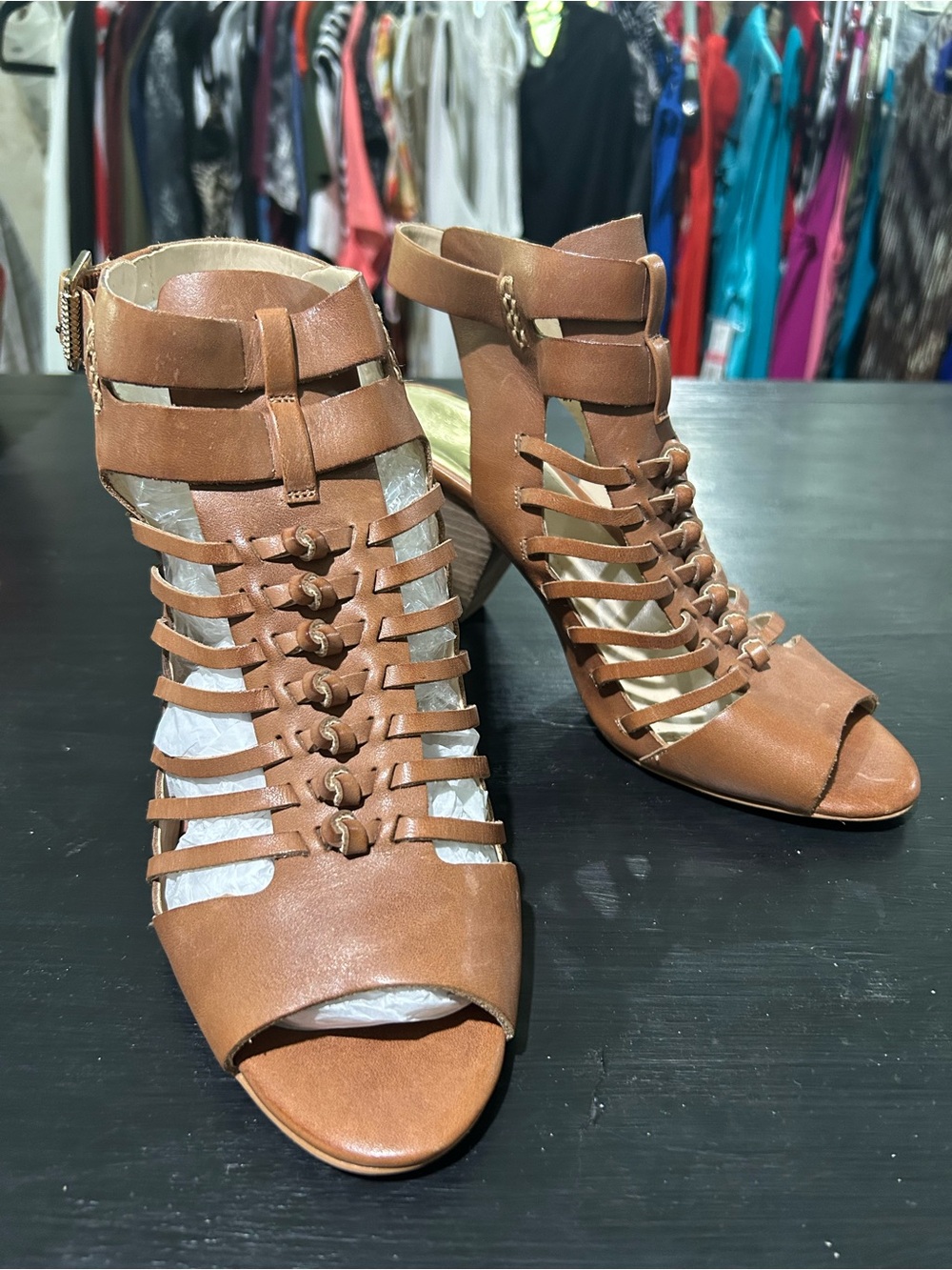 Vince Camuto Tan Leather Strappy Open-Toe Heels